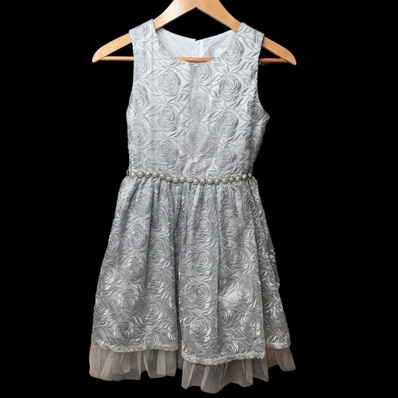 RARE EDITIONS GIRL SILVER EMBROIDERED PARTY DRESS